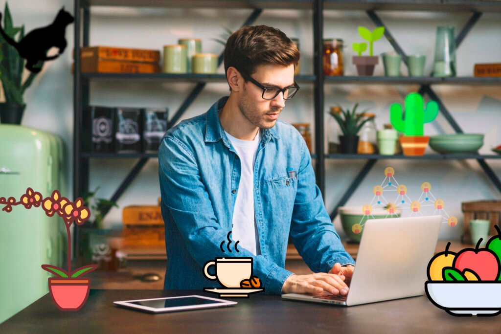 A man working on a laptop with productivity icons around him.
