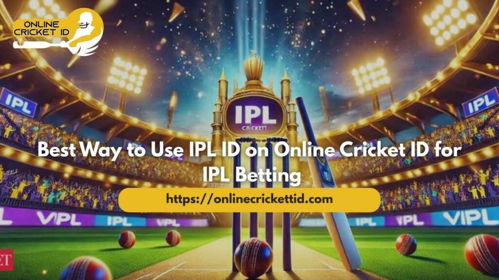 Best Way to Use IPL ID on Online Cricket ID for IPL Betting Best Way to Use IPL ID on Online Cricket ID for IPL Betting banner featuring a grand cricket stadium under bright floodlights, a golden IPL trophy in the center with “IPL Cricket” logo, cheering crowd in the background, cricket bat and balls on the pitch, Online Cricket ID logo in the top left corner, and website link https://onlinecricketid.com displayed prominently in a yellow bar.