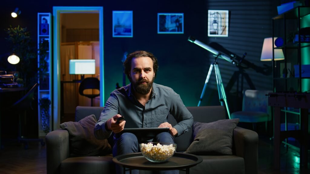 Person watching live news broadcast on TV in dark living room