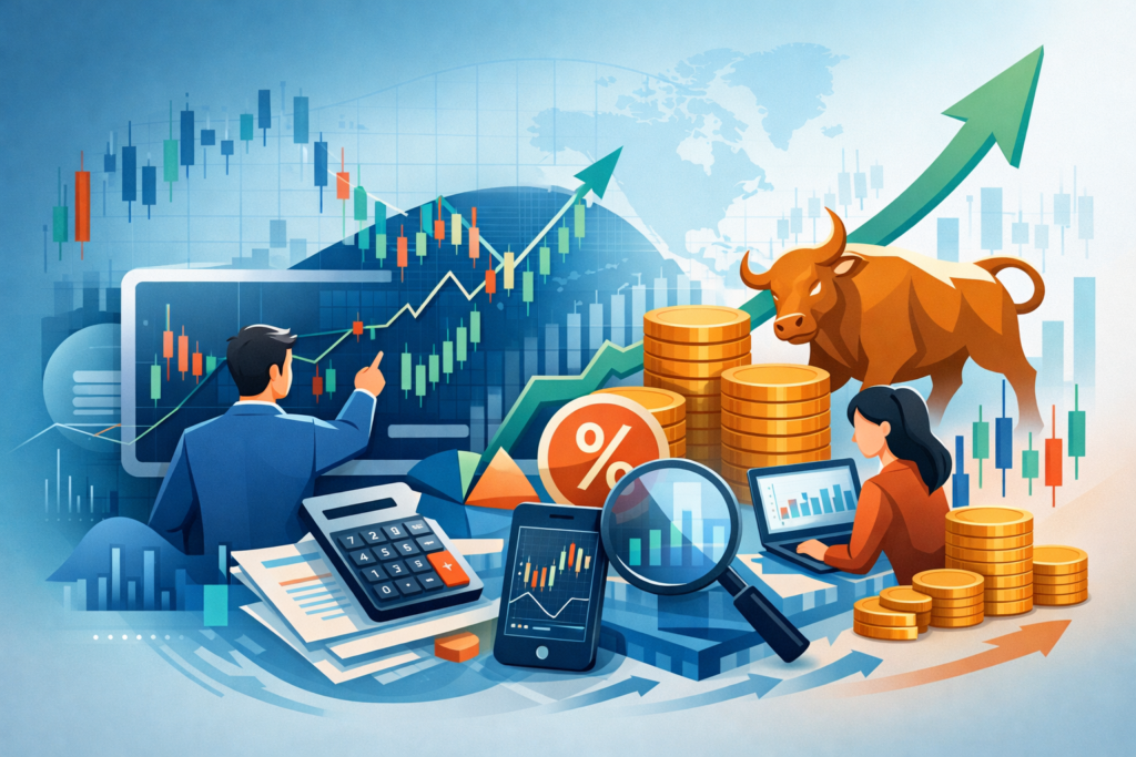 Abstract illustration of financial charts, bull market and trading devices representing margin trading facility 