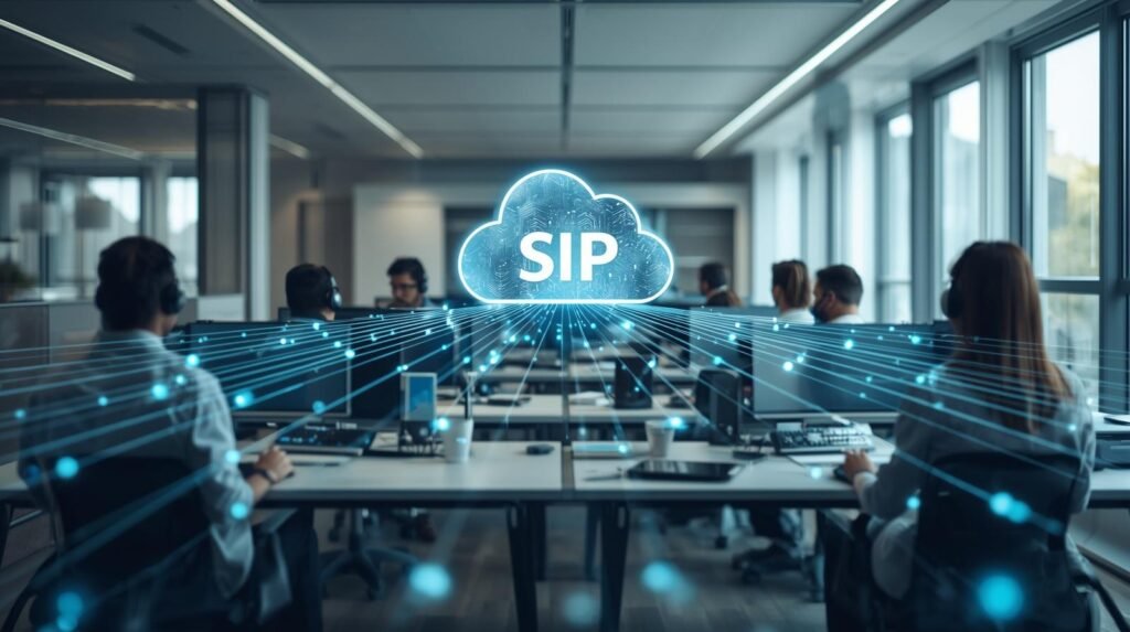 UK office using modern SIP Trunks UK for digital voice communication and cloud telephony.