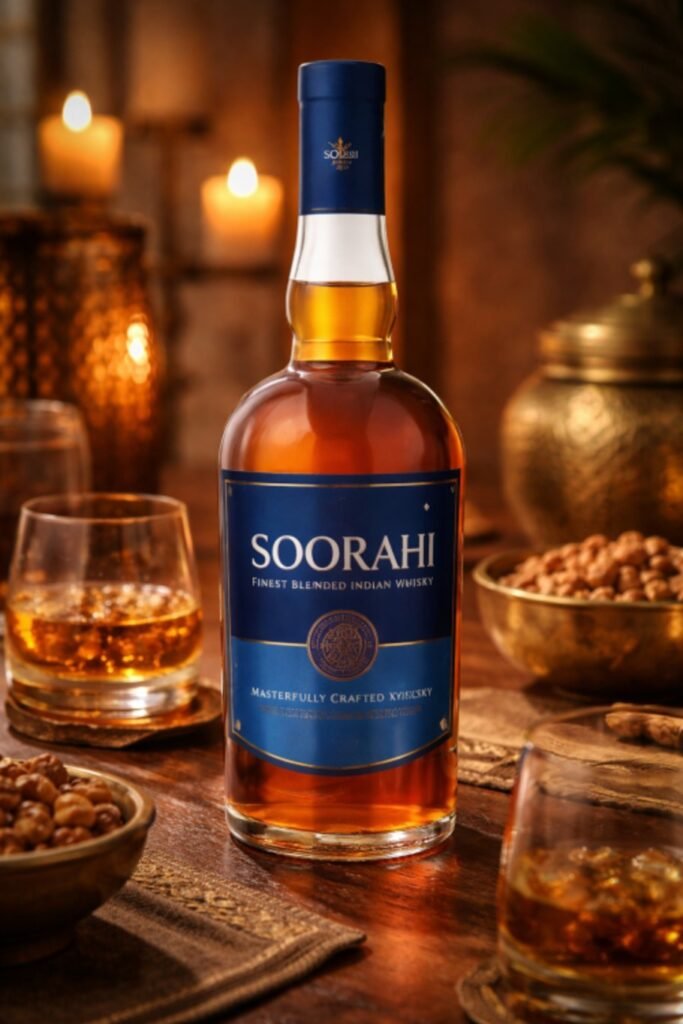 Premium Soorahi whisky displayed on rustic table with traditional props