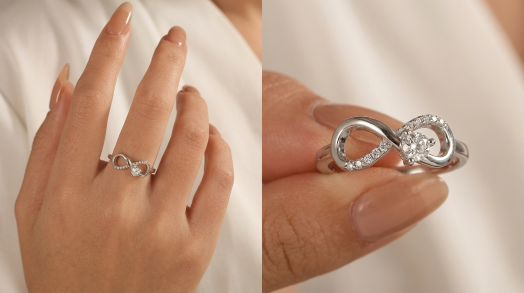 Infinity ring with diamond center worn on finger symbolizing eternal love and connection