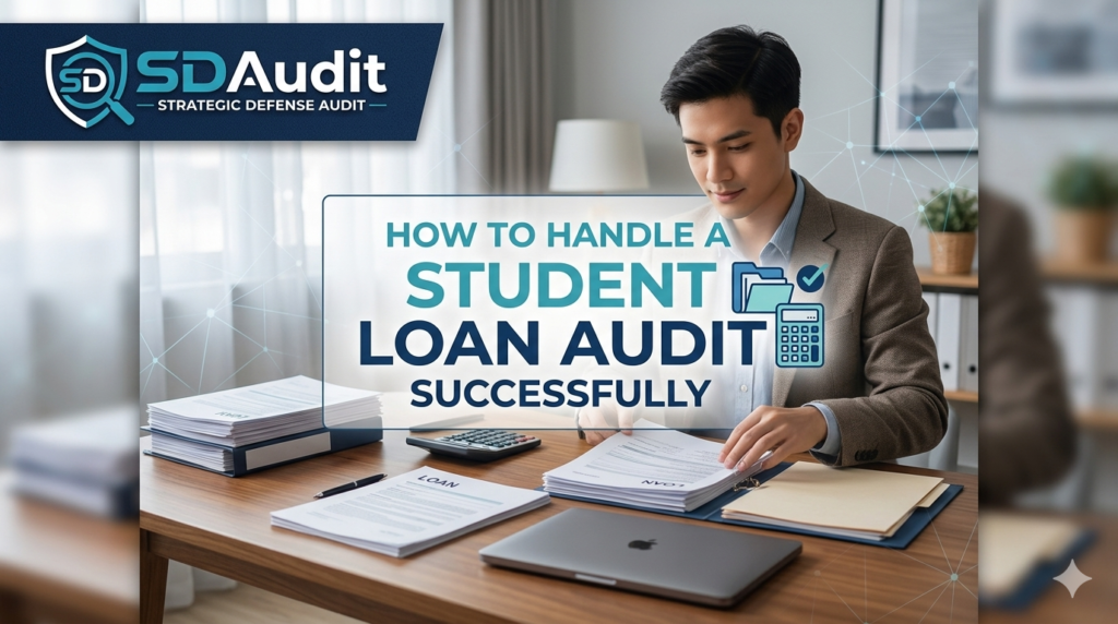 A professional man managing documents for a Student Loan Audit, featuring the SD Audit logo and a checklist for success.