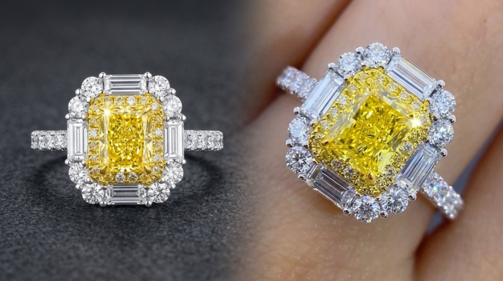 This split-panel image showcases a radiant-cut yellow diamond halo engagement ring.