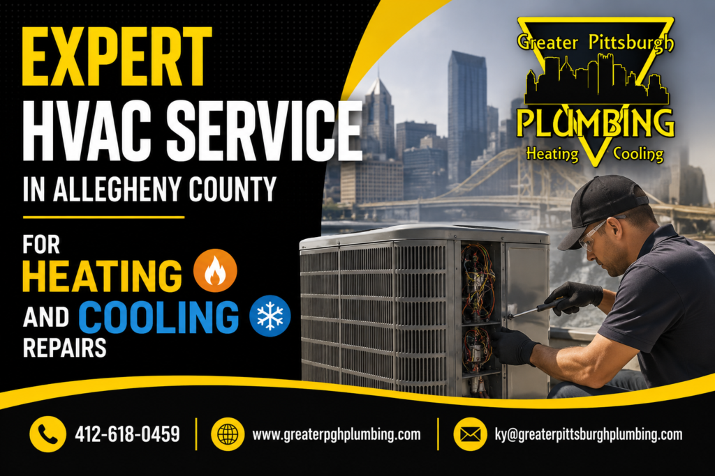 Expert HVAC Service in Allegheny County for Heating and Cooling Repairs Expert HVAC services advertisement highlighting heating and cooling repairs in Allegheny County.