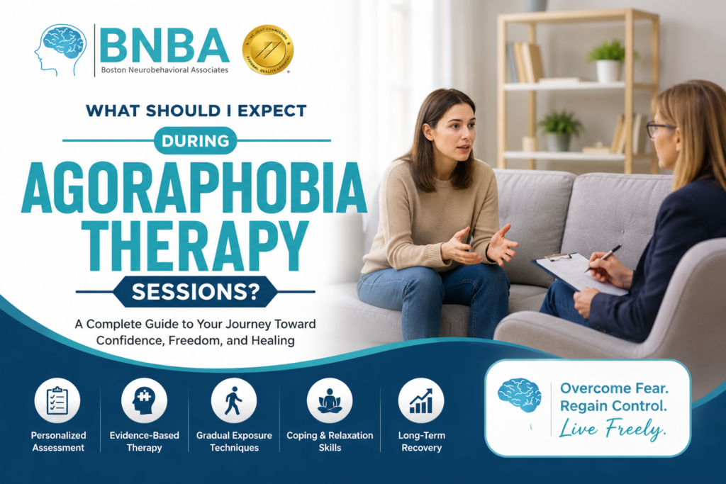 Agoraphobia Therapy session at Boston Neurobehavioral Associates featuring a therapist and client discussing anxiety treatment, coping skills, and recovery strategies.