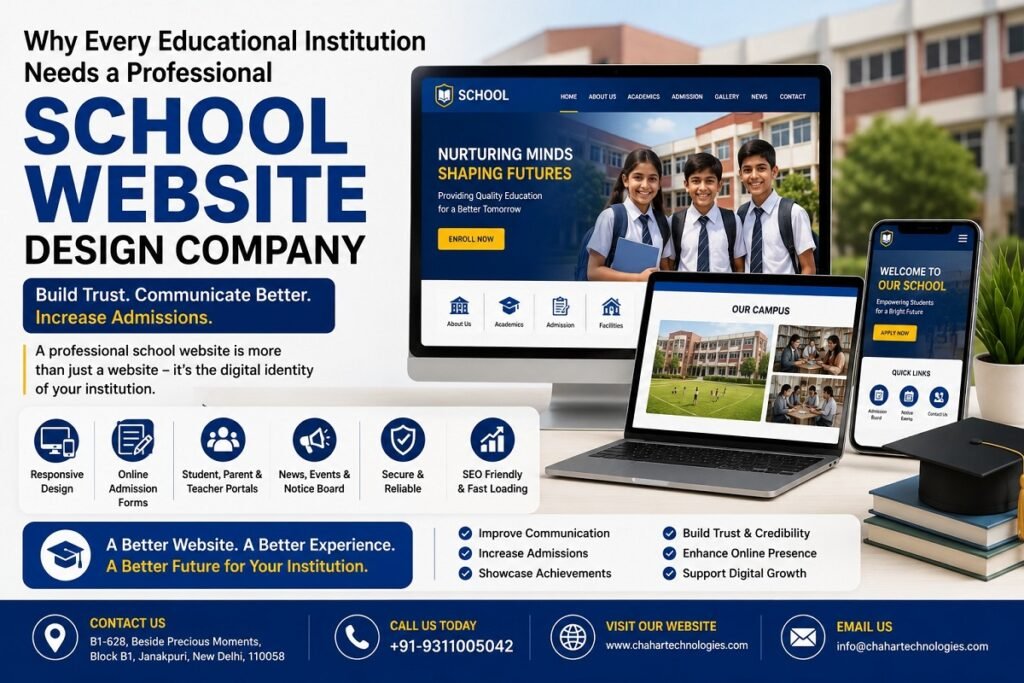 The education sector has embraced digital transformation like never before. Today, parents and students begin their search for schools, colleges, coaching institutes, and educational organizations online. Before making an admission inquiry, they often visit the institution's website to learn about courses, facilities, faculty, achievements, and admission procedures. A professional website is no longer just an online brochure—it is the digital identity of an educational institution. Partnering with a trusted School Website Design Company in Delhi ensures your institution has a modern, informative, and user-friendly website that builds trust, improves communication, and increases admission inquiries. Introduction to Digital Transformation in Education The Growing Importance of School Websites Educational institutions are increasingly relying on websites to communicate with students, parents, and staff. A well-designed school website acts as a central information hub where visitors can access admission details, academic calendars, notices, examination schedules, and school events. Whether you operate a school, college, university, coaching center, or training institute, a professional website helps establish credibility and enhances your institution's reputation. How Parents and Students Search for Schools Online Parents now conduct extensive online research before selecting an educational institution. They compare schools based on infrastructure, faculty, curriculum, extracurricular activities, reviews, and achievements. A professional website helps present this information clearly, allowing parents to make informed decisions. Why Educational Institutions Need a Strong Digital Presence In today's competitive education sector, institutions without a professional website risk losing prospective students. A strong online presence improves visibility, increases trust, and makes it easier for parents to connect with your institution. Why a Professional School Website Matters Creating a Positive First Impression Your website is often the first interaction prospective parents have with your institution. A clean, attractive, and professionally designed website creates confidence and reflects the quality of education you provide. Building Trust with Parents and Students Parents want assurance that they are choosing a reputable institution for their children. Professional design, informative content, and transparent communication help establish that trust. Strengthening the School's Brand Identity Every educational institution has its own vision and values. A customized website highlights your unique strengths, achievements, teaching methods, and educational philosophy. Benefits of Hiring a Professional School Website Design Company Customized Website Design for Educational Institutions Every institution has different requirements. A professional School Website Design Company in Delhi develops customized websites that reflect your school's identity while meeting the needs of students, parents, teachers, and administrators. User-Friendly Navigation and Responsive Design Visitors should be able to locate important information quickly. Responsive design ensures the website functions smoothly across desktops, tablets, and smartphones. Secure and Reliable Website Development Educational websites often contain sensitive information. Secure website architecture helps protect institutional data and provides a safe browsing experience. Scalable Solutions for Future Growth As institutions grow, websites should easily accommodate additional pages, departments, courses, and digital services without requiring complete redevelopment. Essential Features Every School Website Should Have Online Admission Forms and Inquiry Management Online admission forms simplify the application process while helping institutions collect and organize inquiries efficiently. Student, Parent, and Teacher Portals Dedicated portals provide secure access to academic records, assignments, attendance, examination results, and important announcements. News, Events, and Notice Board Section Regular updates keep parents and students informed about upcoming events, holidays, examinations, achievements, and institutional news. Photo Gallery and Video Showcase Visual content allows visitors to explore campus facilities, classrooms, laboratories, sports activities, cultural events, and student achievements. Contact Information and Google Maps Integration Easy access to contact numbers, email addresses, office timings, and location maps improves communication and helps prospective parents visit the campus. How a Professional Website Improves School Communication Faster Communication with Parents Instead of relying solely on printed notices, schools can instantly publish announcements, examination schedules, circulars, and event updates online. Sharing Important Announcements and Updates Important information remains accessible at any time, ensuring students and parents stay informed. Providing Easy Access to Academic Information Parents appreciate having easy access to curriculum details, faculty profiles, admission guidelines, and academic calendars through a centralized platform. Improving Student Engagement Interactive features such as newsletters, activity updates, blogs, and educational resources encourage greater student participation. SEO Benefits of a School Website Improving Search Engine Visibility A professionally optimized website improves your institution's presence in search engine results, making it easier for parents to discover your school online. Attracting More Admission Inquiries Search engine optimization helps drive qualified visitors who are actively looking for educational institutions in your area. Local SEO for Educational Institutions Local optimization ensures your school appears when parents search for educational institutions nearby, increasing admission opportunities. Enhancing Online Reputation A well-maintained website combined with quality content strengthens your institution's credibility and reinforces its reputation. Mobile-Friendly School Websites for Better Accessibility Importance of Responsive Design Most parents and students browse websites using mobile devices. Responsive design ensures visitors enjoy an excellent browsing experience regardless of screen size. Faster Website Loading Speed Fast-loading websites improve user satisfaction and reduce the chances of visitors leaving before exploring important information. Better User Experience Across All Devices Consistent performance across smartphones, tablets, and computers creates a professional impression while increasing visitor engagement. Why Choose Chahar Technologies as Your School Website Design Company Experience in Educational Website Development Chahar Technologies has extensive experience developing customized websites for schools, colleges, coaching institutes, and educational organizations. Customized School Website Solutions Every educational institution receives a unique website designed according to its branding, academic structure, and communication requirements. SEO-Friendly and Mobile-Responsive Designs As a leading School Website Design Company in Delhi, Chahar Technologies develops websites optimized for search engines, fast performance, and seamless mobile browsing. Affordable Pricing and Ongoing Support Educational institutions receive cost-effective website solutions backed by reliable technical support and regular maintenance services. Our School Website Development Process Understanding Institution Requirements Every project begins with understanding the institution's objectives, admission process, academic structure, and communication needs. UI/UX Design and Website Planning Professional layouts are created to ensure visitors can easily navigate the website while enjoying an engaging user experience. Development, Testing, and Quality Assurance The website undergoes thorough testing to ensure speed, responsiveness, security, and compatibility across all major devices and browsers. Website Launch and Continuous Maintenance After deployment, regular updates and maintenance ensure smooth performance and long-term reliability. Future Trends in School Website Design Mobile-First Educational Websites As mobile usage continues to increase, educational websites will increasingly prioritize mobile performance and simplified navigation. Interactive Learning Resources Educational institutions are integrating learning materials, downloadable resources, and interactive educational content directly into their websites. Online Fee Payment and Digital Services Convenient online payment systems and digital student services continue improving operational efficiency. Enhanced Security and Data Protection Modern school websites place greater emphasis on protecting student information through secure website architecture and encrypted communication. Why Every Educational Institution Should Invest in a Professional Website A professional website serves as a powerful communication platform that improves visibility, strengthens credibility, and simplifies interactions with parents and students. It plays a significant role in supporting admissions, promoting institutional achievements, and enhancing overall reputation. Long-Term Benefits for Schools and Colleges Investing in a professionally designed educational website helps institutions attract more admissions, improve operational efficiency, and remain competitive in the digital education landscape. Partner with Chahar Technologies to Build Your School's Digital Future Choosing an experienced School Website Design Company in Delhi like Chahar Technologies ensures your institution receives a secure, responsive, SEO-friendly, and professionally designed website that supports long-term educational growth and success.