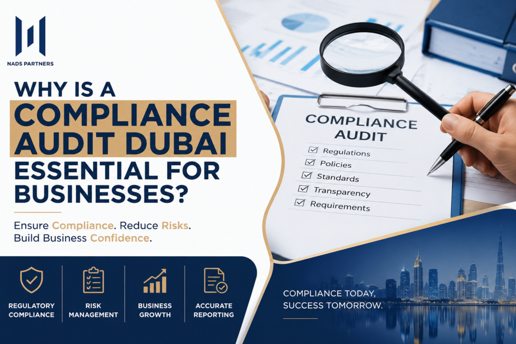 Compliance Audit Dubai featured image showing NADS Partners UAE branding, audit documents, magnifying glass, business compliance checklist, and Dubai skyline highlighting regulatory compliance, risk management, and corporate governance services in the UAE.