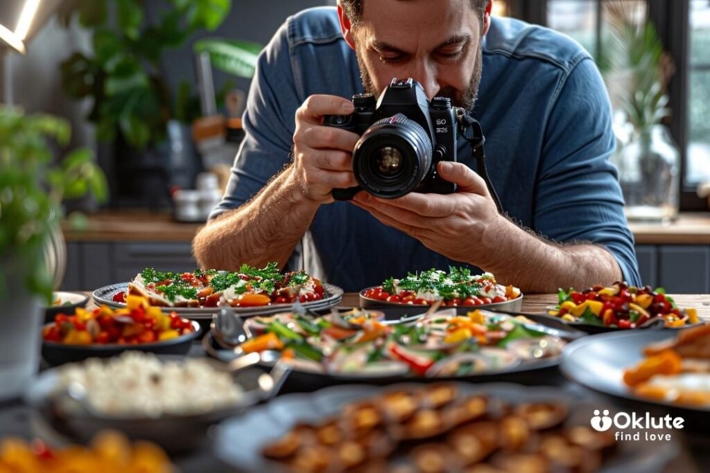 Food photographer capturing a beautifully styled meal using natural lighting techniques