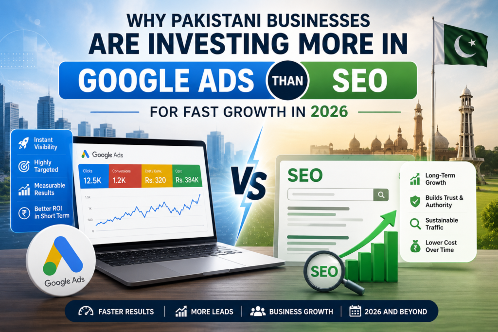 Why Pakistani Businesses Are Investing More in Google Ads Than SEO for Fast Growth in 2026 The image compare the SEO and Google ads. The importance of ppc is described over SEO.