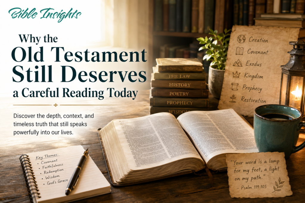 Why the Old Testament Still Deserves a Careful Reading Today Featured image for an article titled "Why the Old Testament Still Deserves a Careful Reading Today," showing an open Bible on a wooden desk alongside stacked books, a notebook, a coffee mug, a lantern, and a parchment highlighting biblical themes such as Creation, Covenant, Exodus, Kingdom, Prophecy, and Restoration. The Bible Insights logo appears in the top-left corner, creating a warm, reflective study setting.