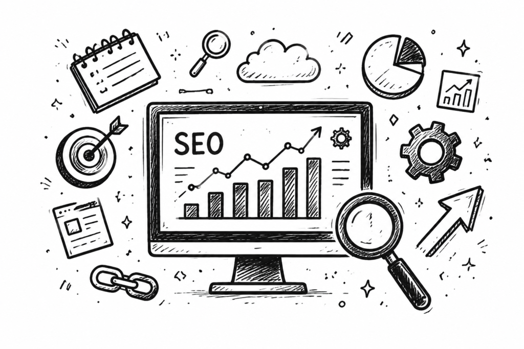 Hire Local SEO Expert for USA Business Growth A black-and-white sketch illustration of a computer monitor displaying an SEO growth chart, surrounded by digital marketing icons like a magnifying glass, target, gears, and a pie chart.