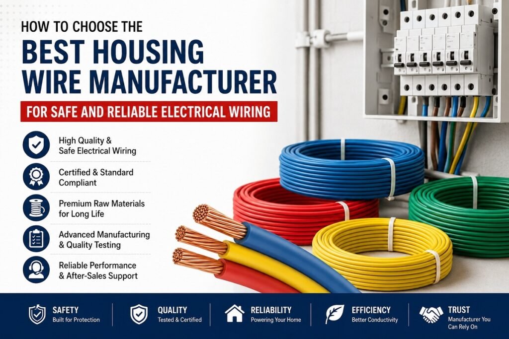 High-quality copper house wiring cables and electrical panel illustrating how to choose the best Housing Wire Manufacturer for safe, reliable, and ISI-certified residential electrical wiring.
