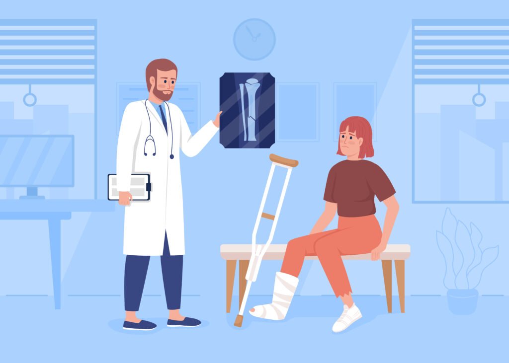 Orthopedic doctor discussing a leg fracture X-ray with a patient at an orthopedic clinic.