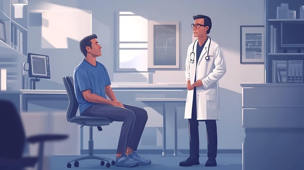 Male patient consulting a cosmetic surgeon about gynecomastia surgery in Salem during a clinical evaluation.