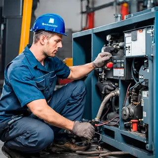 Technician inspecting an air compressor motor for maintenance