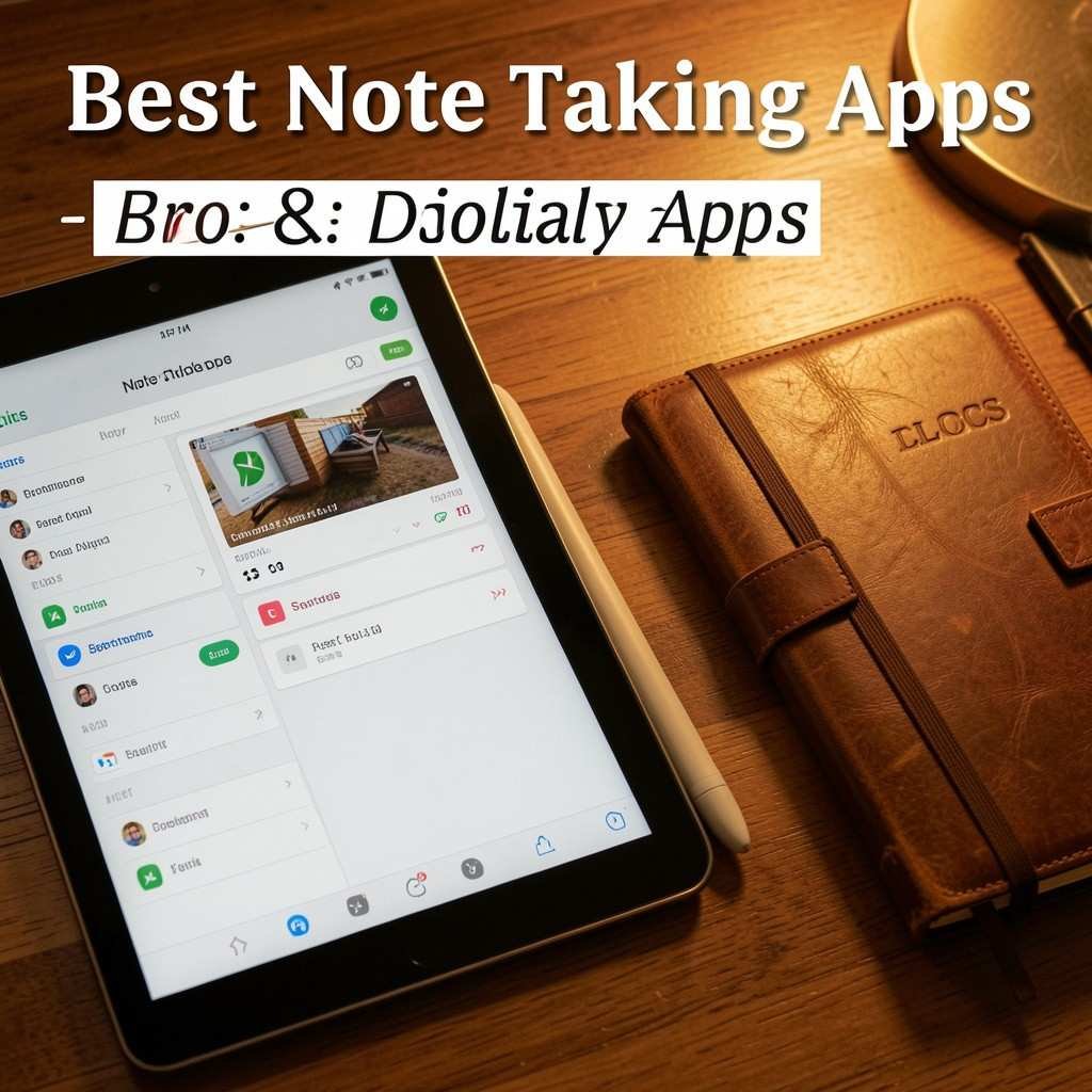 Best Note Taking Apps to Stay Organized and Productive Best Note Taking Apps displayed on a tablet with a digital planner, notebook, and pen on a wooden desk