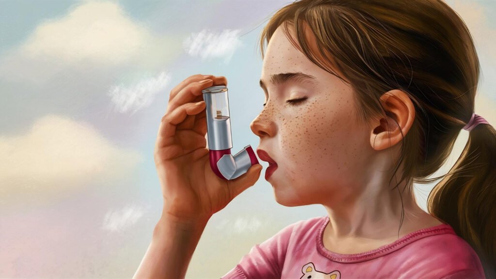 Asthma Triggers You Might Not Know About Child using an inhaler for asthma relief under the guidance of a pulmonologist in Velachery.