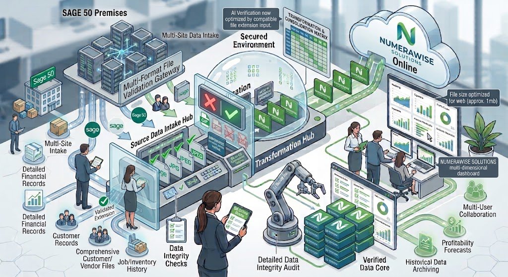 Sage Intacct to QuickBooks Conversion infographic by NumerawiseSolution illustrating secure financial data migration, account mapping, transaction validation, and seamless QuickBooks conversion.