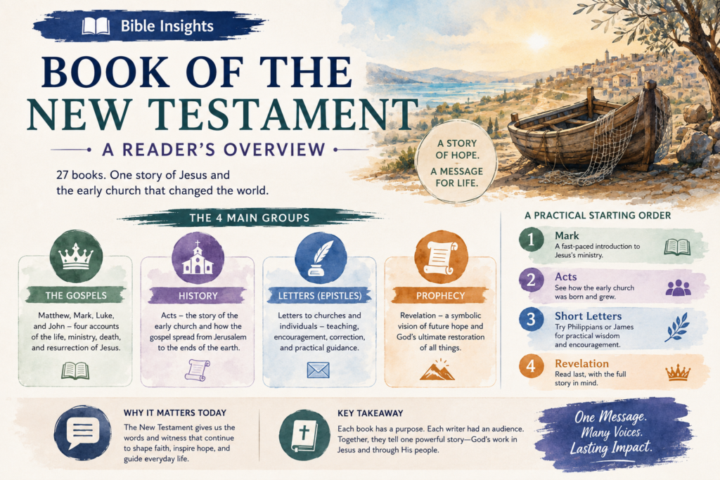 Book of the New Testament: A Reader’s Overview Bible Insights featured image explaining the 27 books of the New Testament, including the Gospels, Acts, Epistles, Revelation, and a practical reading order.