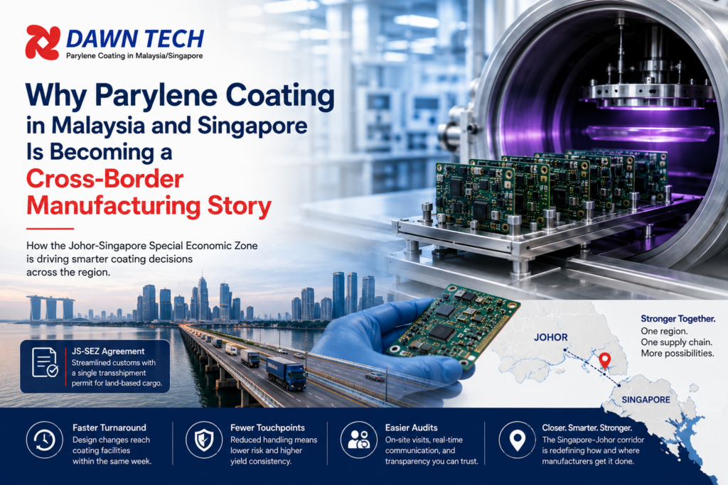 Why Parylene Coating in Malaysia and Singapore Is Becoming a Cross-Border Manufacturing Story Featured image showing Parylene coating process, PCB circuit boards, Singapore–Johor manufacturing corridor, and Dawn Tech branding representing cross-border electronics manufacturing in Malaysia and Singapore.
